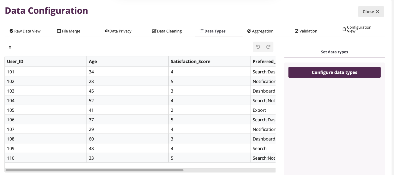 How to configure the data type of each column