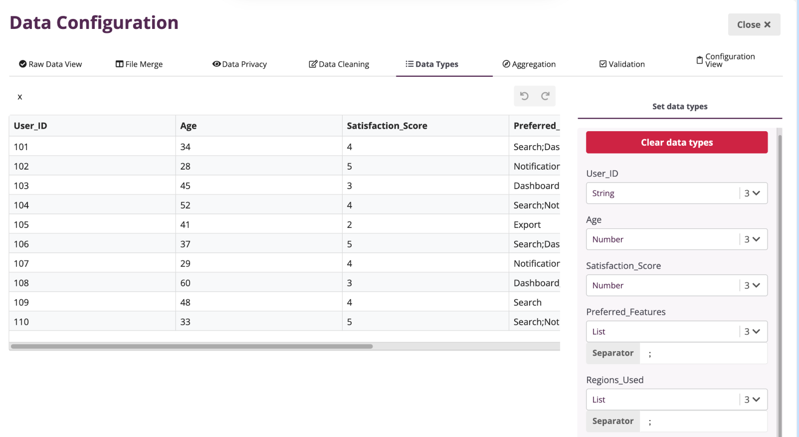 How to configure the data type of each column